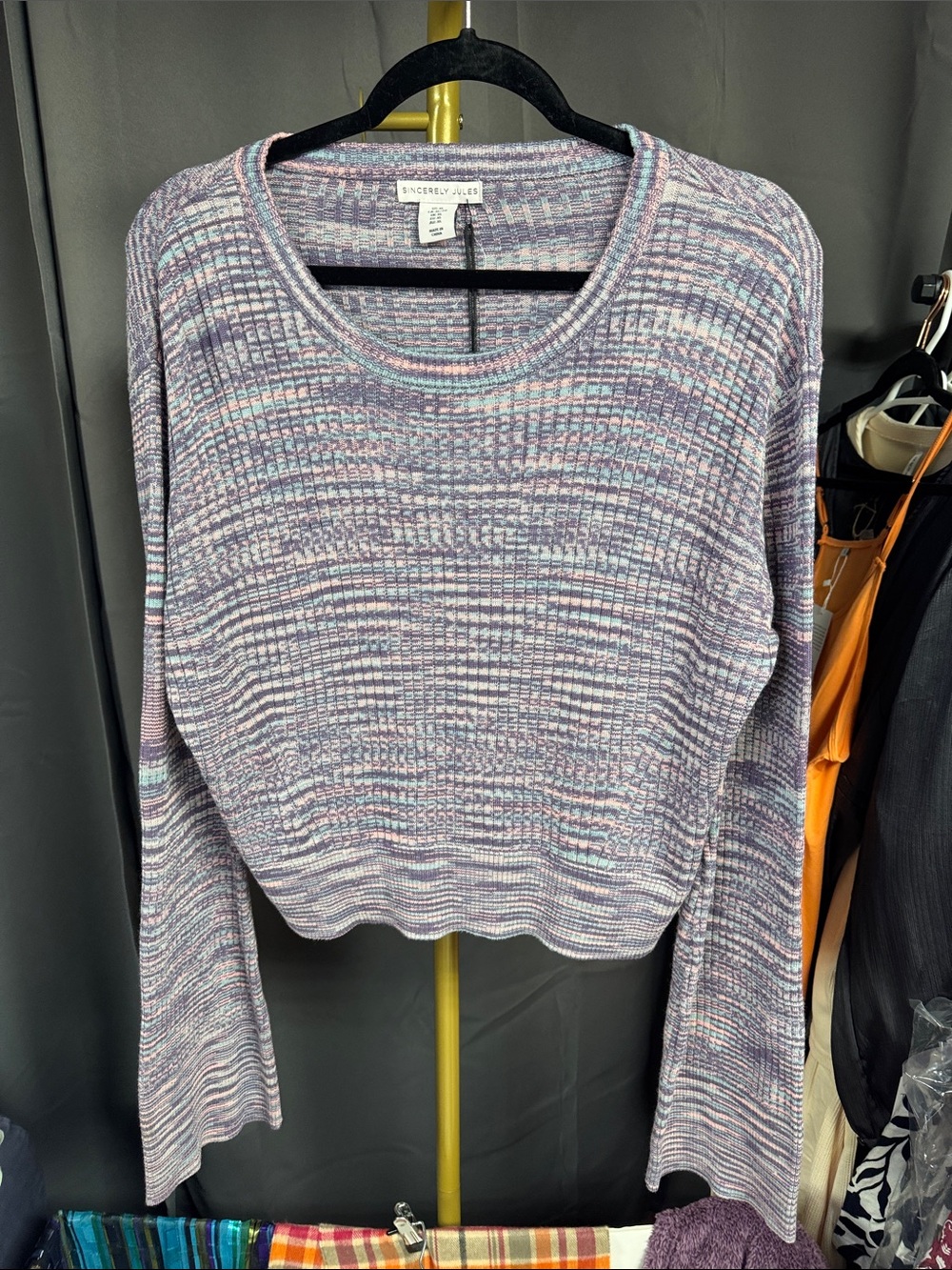 Sincerly Jules Lavender Multicolor Stripe Knit Cropped Crewneck